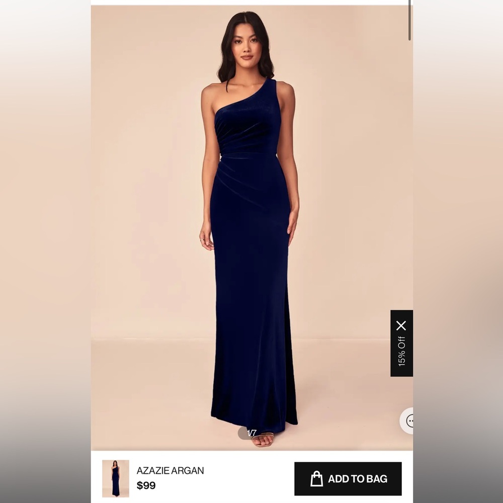 Azazie Argan Dark Navy A-line One Shoulder Pleated Velvet Dress
